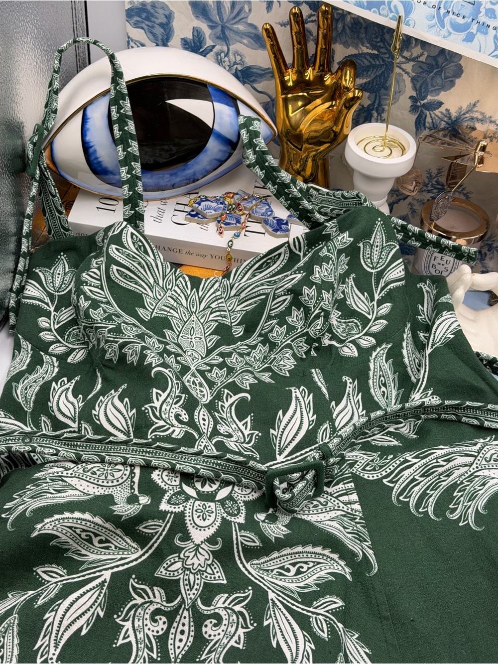 🆕 FARM Rio 🧿 NWT Miranda Buckles Maxi Dress, Dark Green & White Linen - Sz XL - Picture 13 of 15